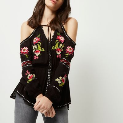 Black floral embroidered cold shoulder top